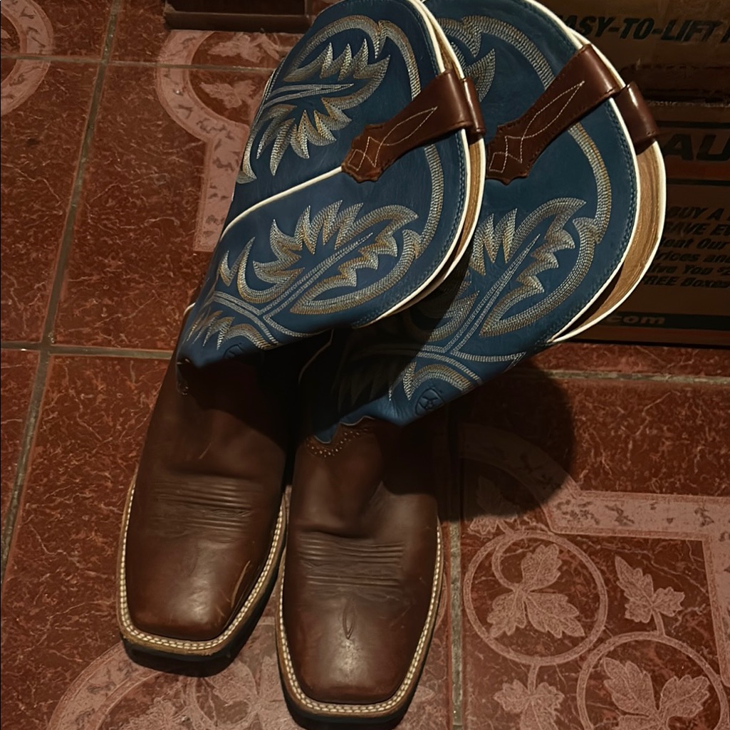 Ariat Brown And Blue Cowboy Boots With Decorative Stitching